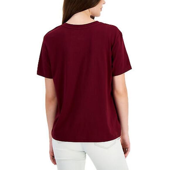 Love Tribe Juniors Peanuts Holiday Snoopy Logo T-Shirt in Zinfandel Wine Red, S - Picture 2 of 2